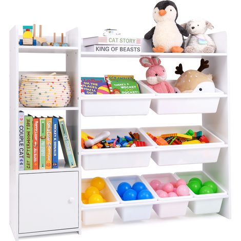 COSTWAY Kids Bookshelf Toy Storage Organizer w/ 8 Storage Boxes-White (1/5)