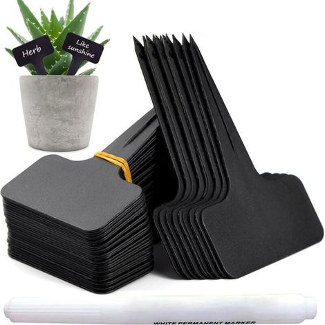 100 pièces Etiquette Jardin Exterieur Marqueurs en Plastique de Plantes Type T Plastique Etiquette Potager avec Stylo étanche Etiquetage Réutilisable et Accessoires pour Plantes(Noir) (1/4)