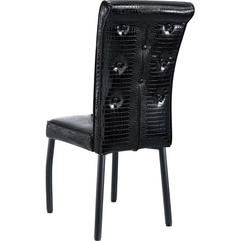 Ensemble repas rond avec table effet marbre blanc et 4 chaises noires en simili cuir à boutons, pieds en métal (1/5)