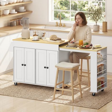 Îlot de cuisine sur roulettes, plan de travail extensible, 4 portes, étagères réglables, porte-épices et porte-serviettes, blanc