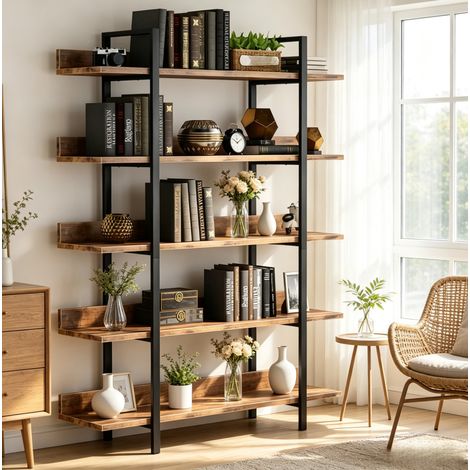 Libreria 105x33x180 cm in metallo e legno nero, 5 ripiani, per soggiorno e ufficio (1/5)