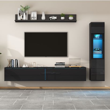 Ensemble mural TV 3 pièces 180x33x30 cm noir en panneaux de particules avec LED RGB et ouverture sans poignée (1/4)