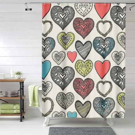 Rideau de douche motif amour pastel, cœurs doux, rideau salle de bain imperméable polyester, 90x180 cm (1/5)
