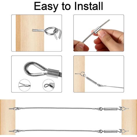 Kit de suspension avec corde en acier inoxydable de 30 m, câble en acier inoxydable gainé PVC de 3 mm avec tendeur de corde M5 et crochets (1/5)