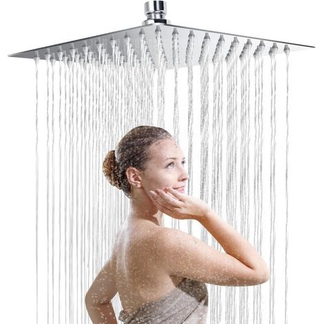 Stainless Steel Shower Head - Water Saving Shower, 25cm Square Shower Head, Universal Rain Shower Head with 1/2 Inch Thread, 360° Rotating, 30° Tilting, Easy to Install and Clean