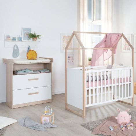 Chambre bébé complète 60 x 120 cm – Lit 2-en-1 réglable 6 hauteurs – Commode à langer avec 2 tiroirs – Design cabane en chêne et blanc – Roba