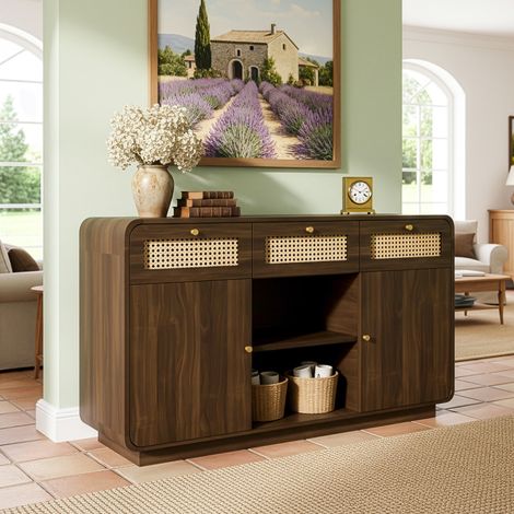Buffet 120 cm en Noyer Commode 3 Tiroirs Façades Rotin Tressé, 2 Portes, Étagères Intérieures Réglables et Étagère Ouverte Centrale (1/5)