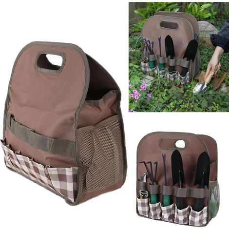 Sac à outils grande capacité, couleur assortie, portable, pour outils de jardin, de bricolage et de menuiserie, motif à carreaux café. (1/5)