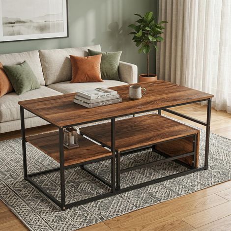 Tavolino da salotto a incastro 105 x 52 x 48,5 cm, stile scandinavo, piano effetto legno marrone e struttura in acciaio nero