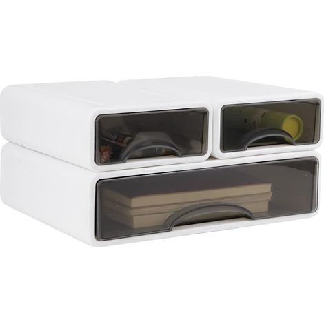 Lot de 3 organiseurs bureau avec 3 tiroirs, empilables, blanc, plastique, format A4, papeterie et cosmétique (1/5)