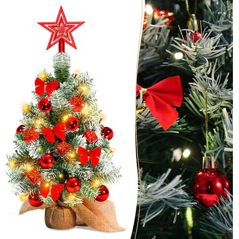 Randaco Weihnachtsbäume 40 cm, künstliche Weihnachtsbäume, Mini-Weihnachtsbaum mit Lichtergirlanden und Ornamenten, Weihnachtsdekoration für Tisch, Rot (1/3)