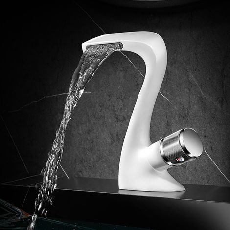 QAZQA Robinet de Bassin robinet de lavabo de salle de bain robinet de bassin créatif cascade salle de bain chaude et froide robinet de bassin en cuivre complet（Blanc）