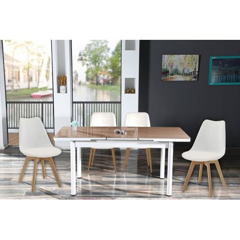 Tavolo da sala bianco allungabile in vetro temperato marrone 130-170cm con 4 sedie e cuscini Sicorage LEGRES