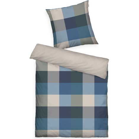 Linge de lit en Flanelle, 70x90 cm + 140x200 cm, 100% Coton/Flanelle, avec Motif réversible et Fermeture éclair colorée, Bold Mosaic Bleu, Vert (Navy (1/5)