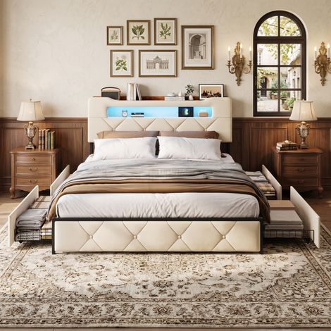 Superaly Lit double capitonné 160 x 200 cm, Lit coffre avec 4 Tiroirs, Rangement dans la tête de lit, Éclairage LED, Port USB, Sommier à lattes, Adapté aux adolescents et adultes, Velours, Beige (1/5)