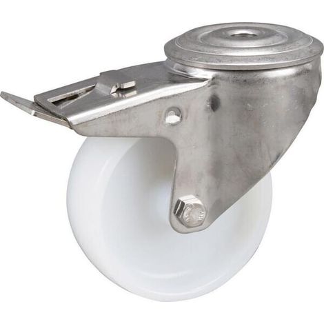 Rueda industrial giratoria en poliamida: di谩metro100 x 36 mm orificio 煤nico para pasador acero inoxidable con freno. Capacidad: