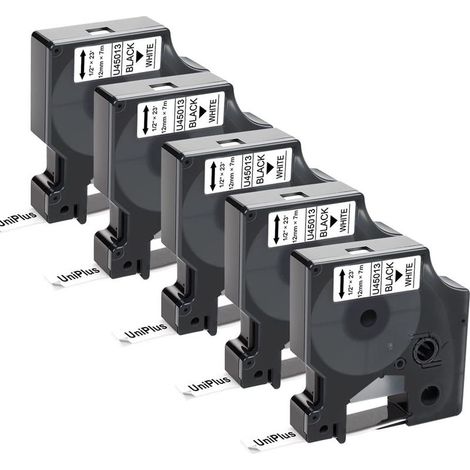 Pack of 5 Dymo D1 45013 compatible label tapes – 12mm x 7m – Black on white – Water and chemical resistant – PNP 360 D (1/5)