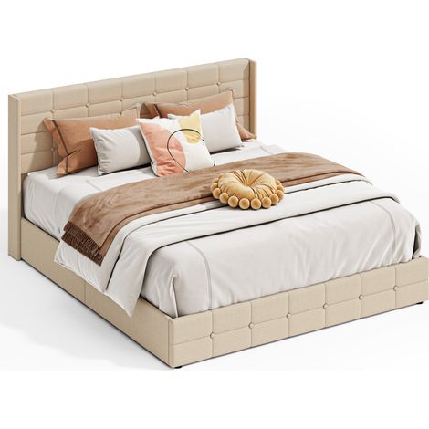 Stauraumbett Hydraulisches 180 x 200 cm Bealife Gepolstertes Doppelbett mit Stauraum Kopfteil Holzlatten und Metallrahmen Beige