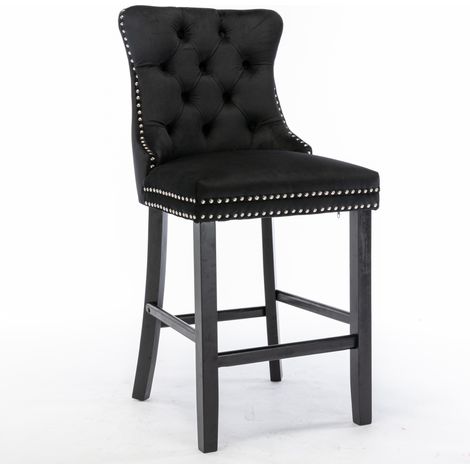 Tabourets de bar contemporains en velours rembourré avec décoration capitonnée à boutons, pieds en bois et finition clous chromés, chaises de bar style loisir, lot de 2 (noir), DE2002BK (1/5)