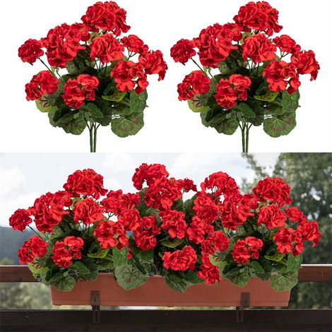 Lot de 4 géraniums artificiels, bouquet de fleurs artificielles d'extérieur pour mariage, jardin, décoration intérieure, Rouge (1/5)