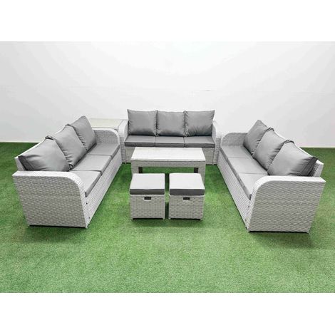 Fimous PE Rattan Lounge Sofa Set 11 Seater Outdoor Garden Furniture Set with Oblong Coffee Table 3 Seater Sofa 2 Stools Side Table Light Grey (1/4)