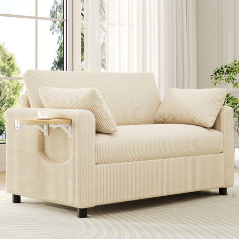 Divano letto a 2 posti - 134 x 82 x 84 cm - Divano letto con USB/C e tavolino ribaltabile - in velluto a coste beige (1/5)