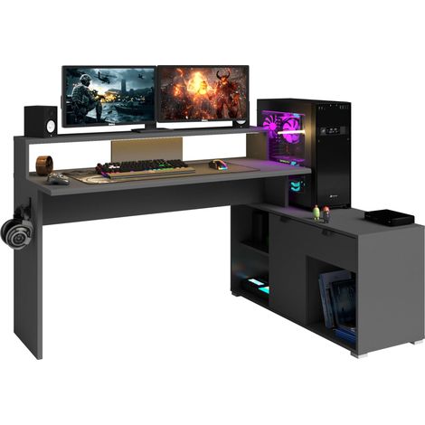 Escritorio Gaming Playit, Mesa Gamer LED de Melamina Multiposición, 1 Cajón, Gancho Auriculares, Color Gris Sombra 134-168x95x60 cm (1/5)