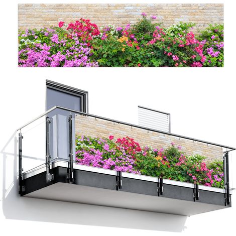 Balcony Privacy Banner Flowers - Plants - Leaves - Stones 300x95 cm