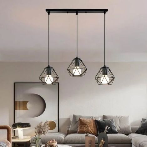 Fusion Lustre Suspension Plafonnier Cage forme Diamant en Fer Noir 3 Lampes décoration Salon Bar (1/4)