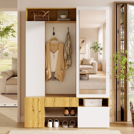 Vestiaire d'Entrée 127x35x180,5 cm, Miroir, Penderie avec Tringle et Patères, Meuble à Chaussures, MDF, Blanc et Naturel (1/5)