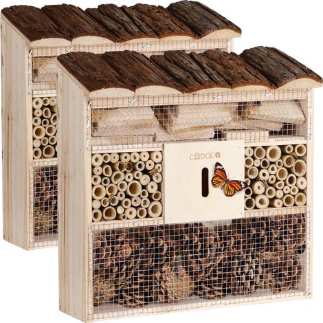 2x Hôtel à insectes en Bois naturel 30,5x31 cm Cabane Maisonette Nichoir à abeilles Hivernage Pollinisation Biodiversité