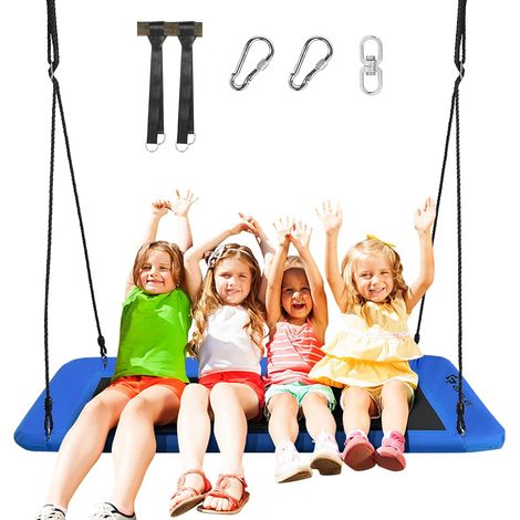 GOPLUS Balancoire Rectangulaire Suspendue d'Exterieur, Nid d’Oiseaue de Cordes Reglables 100-180CM, Siege Suspendue Exterieur pour Enfants, Jusqu’a 315 KG,150 x 80CM (Bleu) (1/5)