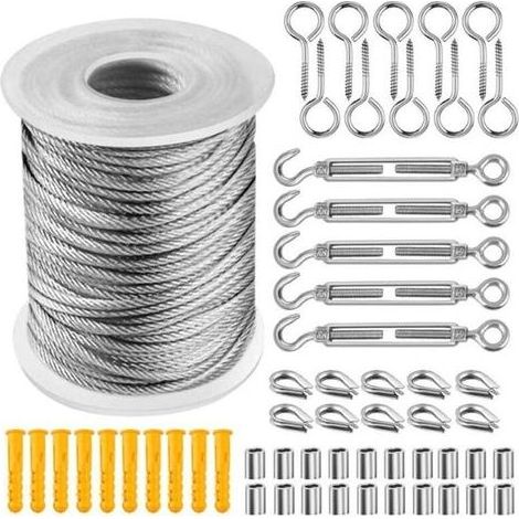 Corde en Acier Inoxydable Suspendre Kit,50M Cable Mtallique,kit Palissage Plantes Grimpantes,Cble Mtallique Pour Garde Corps Escalier - 1, (1/5)