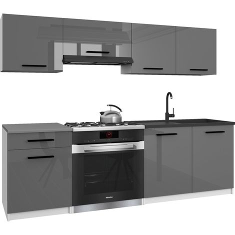 Belini ITALIA 1 Cuisine Equipée Modulaire Complète - 180 cm. Meubles Hauts Bas avec Plan de Travail, Gris Très Brillant