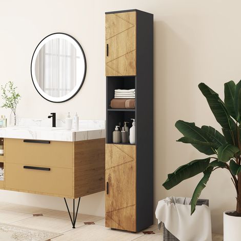 Meuble colonne armoire rangement salle de bain 2 portes étagère réglable 2 niches 30 x 30 x 183 cm chêne gris foncé (1/5)