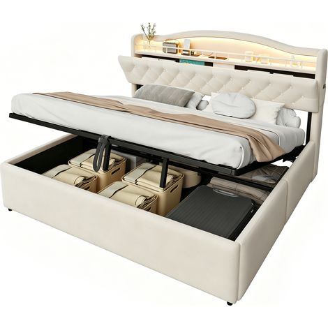 Lit coffre double 180x200 cm avec rangement hydraulique, éclairage led, ports usb-c et tête de lit à strass,velours, beige (1/5)