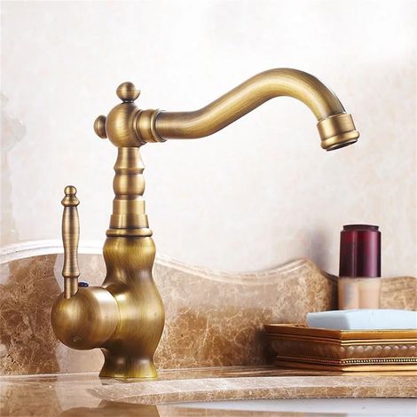 Robinet De Lavabo Moderne Avec Poignée En Céramique Et Laiton Antique, Mitigeur D'évier De Salle De Bains Monté Sur Le Pont, Robinets D'eau Chaude Et Froide De Cuisine À 360 ° (1/5)
