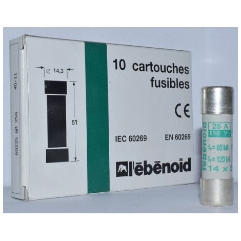 Fusible 25A cartouche 14X51mm aM usage industriel (boite de 10) HPC 120kA 500V sans percuteur EBENOID 060225