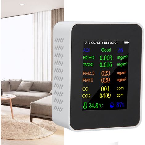 Formaldehyd-Detektor, Kohlendioxid-Detektor, PM2,5- und TVOC-Alarm, AQICO Außenluftqualitäts-Temperatur- und Feuchtigkeitsdetektor, tragbarer Detektor für verschiedene Anlässe, weiß. (1/5)