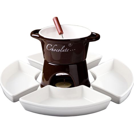 1 Set Fondue en céramique, chauffe-plat avec bougie, 4 fourchettes, pour chocolat et fromage, usage domestique (1/5)