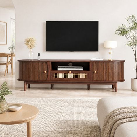 Meuble TV en MDF couleur noyer, style campagne, 165 x 37 x 46 cm HAVRYA (1/5)