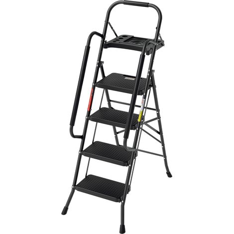 Jiubiaz Escalera plegable robusta 4 peldaños con pasamanos de apoyo, bandeja portaherramientas, peldaños anchos antideslizantes, carga 150 kg, negra (1/5)