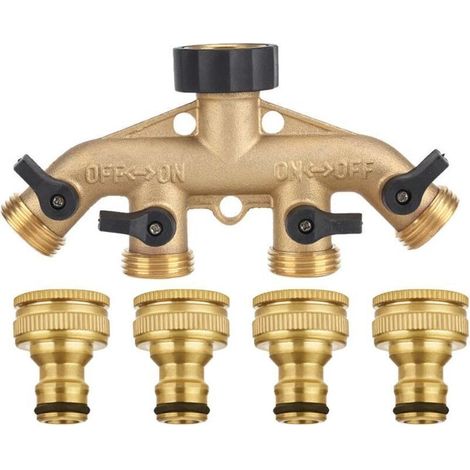 Solid brass 4-way hose splitter with shut-off valves, tap and 1.9 cm outlets can use up to 4 hoses at once. (1/5)