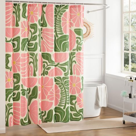 Rideau de Douche Moderne Abstrait géométrique bohème du Milieu du siècle pour Salle de Bain, Rideau de Douche Vintage à Motif Floral Rose Mignon, Rideau de Douche en Tissu imperméable (1/5)