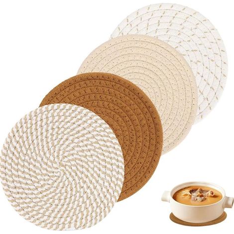 4 Pièces Dessous de Plat en Fil de Coton,Dessous De Plat Ronds Tressés Tapis Porte Casseroles, Ronds tressés - pour casseroles. (1/5)