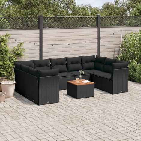 vidaXL Salon de jardin 10 pcs avec coussins noir résine tressée (1/3)