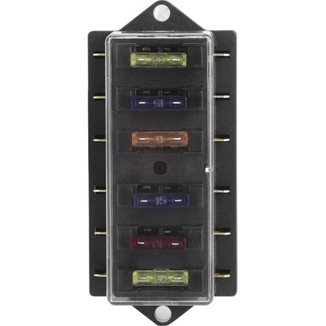 6-Way Blade Fuse Box 12-36V 6 Inputs 6 Outputs with 6 Fuses, Universal Accessory for Car and Truck, Transparent ABS, Metal Colour 90x53x42mm. (1/4)