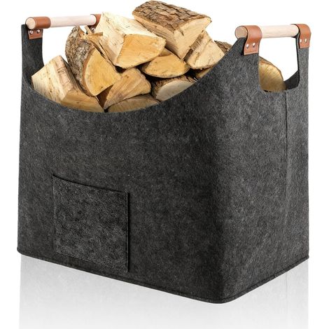 Panier à bûches pliable 45 x 32 x 40 cm, gris foncé - Poignée en bois (1/5)