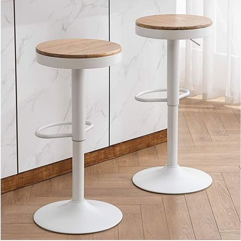Tabouret de Bar Bois Massif Métal Chaise de Comptoir Rotation 360° Comptoir de Cuisine Hauteur Réglable Set de 2 Pièces Blanc Chêne (1/4)