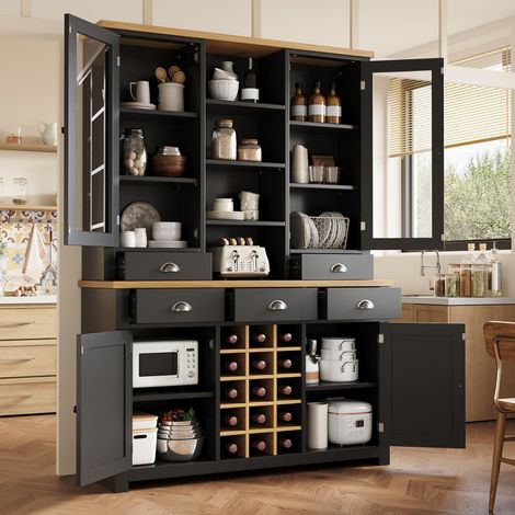 Buffet de cuisine haut avec anti-basculement - armoire de cuisine et salon avec Porte vitrée, fermeture soft closing et range-bouteilles amovible – Meuble de rangement